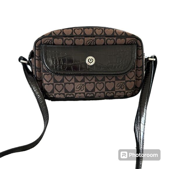 Brighton Handbags - Brighton Crossbody‎ Womens Heart Canvas Leather Crossbody Brown Black